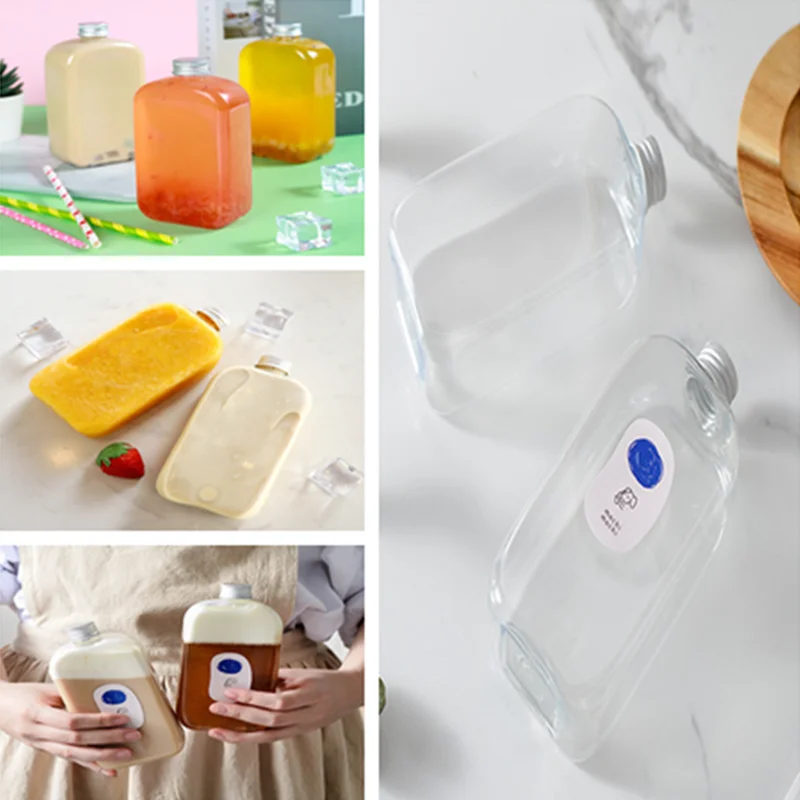 1 Uds. Jarrón cuadrado plano Popular de 400ml, botella de bebida vacía, vaso de jugo DIY, taza de té de la leche, tarro de agua de plástico transparente con pegatina de tapa