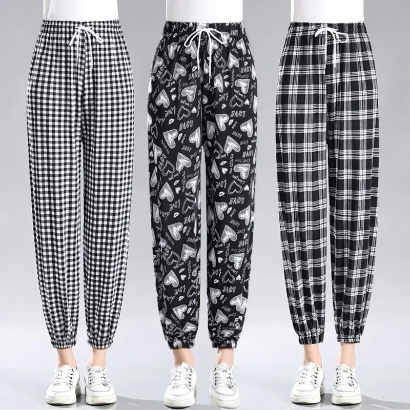 

Women Summer Thin Simplicity Fashion Plaid High Waist Appear Thin Bloomers Women Clothes Casual All-match Trend Cropped Pants