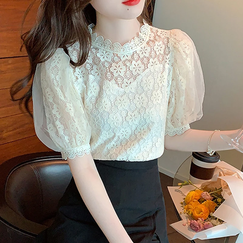 Women Clothing Korean Fashion Sexy Lace Hollow Sweet Chic Elegant Blouse 2024 Summer Female Casual Solid Short Sleeve Slim Tops