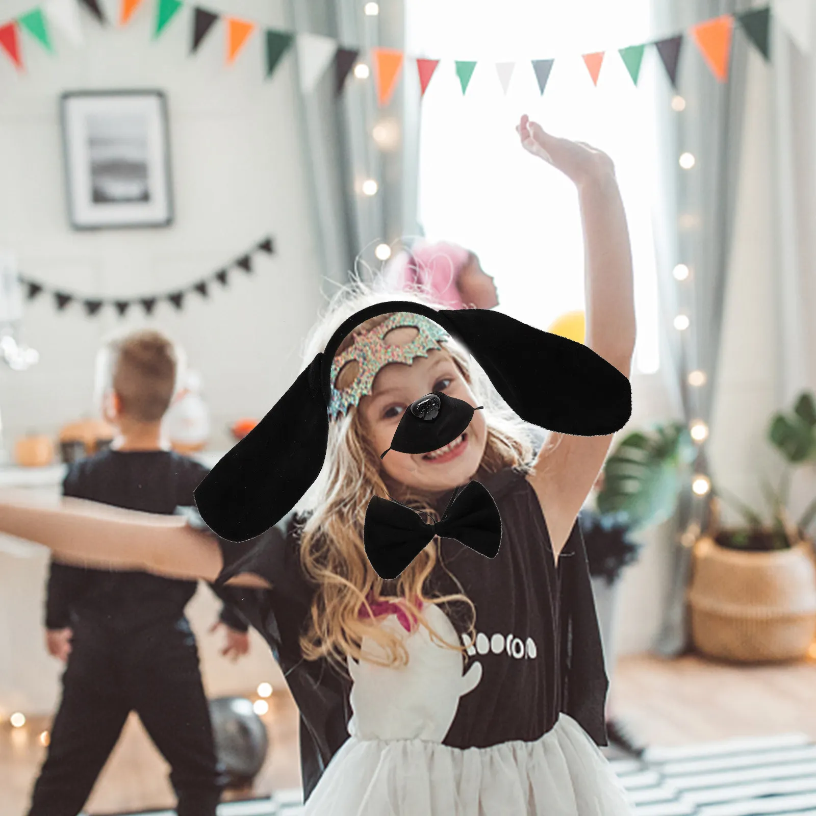 1 Set Hunde-Ohren Stirnband-Set Cosplay Schwanz Fliege Falsche Nase Tierkostüm-Zubehör für Party-Verkleidung Aufführung