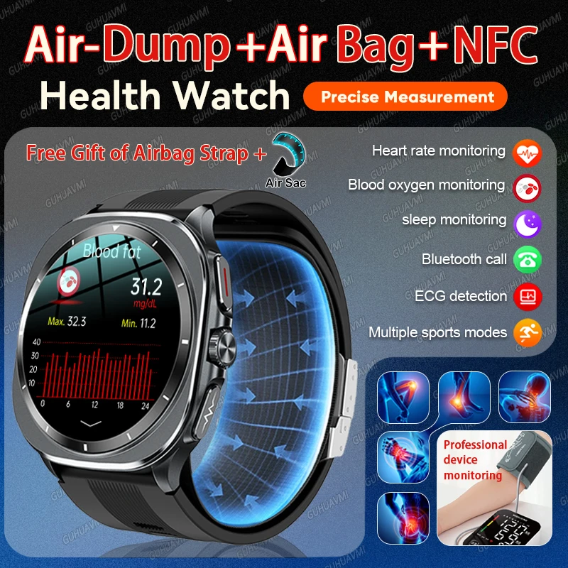 

New Health Nursing Accurate Blood pressure Measure SmartWatch With Air pump airbag ECG+PPG Blood lipids Uric acid Smartwatch Men