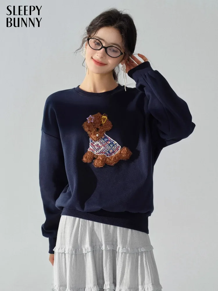 

Embroidery Sweatshirt Plush Patchwork Pullover for Women Casual Loose Fit Round Neck Top Autumn Vintage Warm Long Sleeve Outfit
