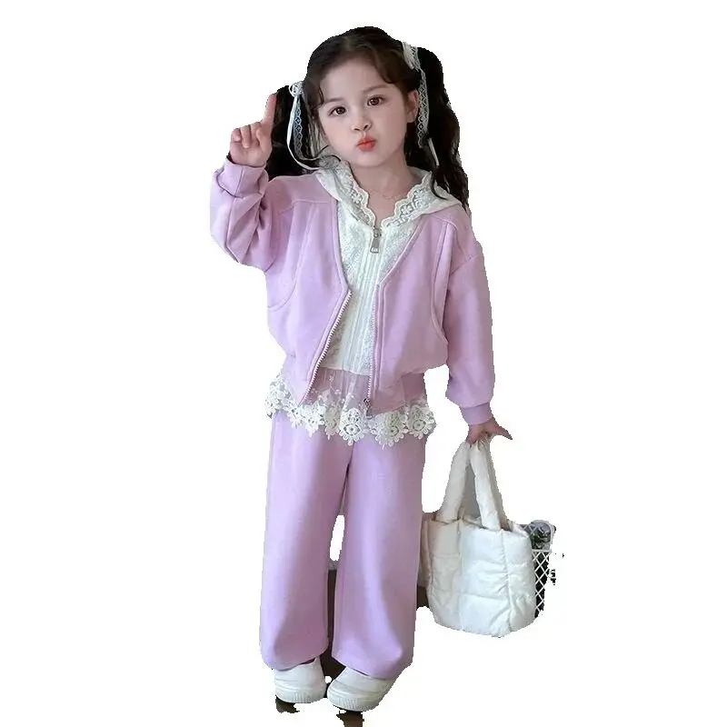 

Весенне-осенний комплект для маленьких девочек, новое детское милое кружевное пальто с капюшоном + повседневные штаны, комплект из 2 предметов, рост 100-150 см