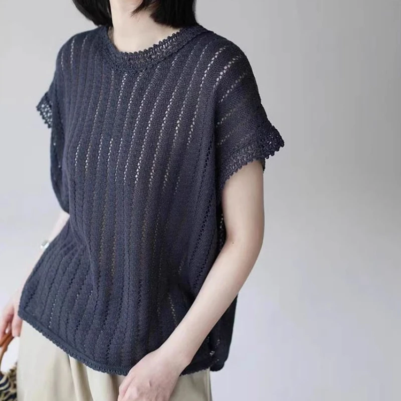 

2026 Summer New High end Dress with Lace Hollow Short Sleeve Knitted Top for Women