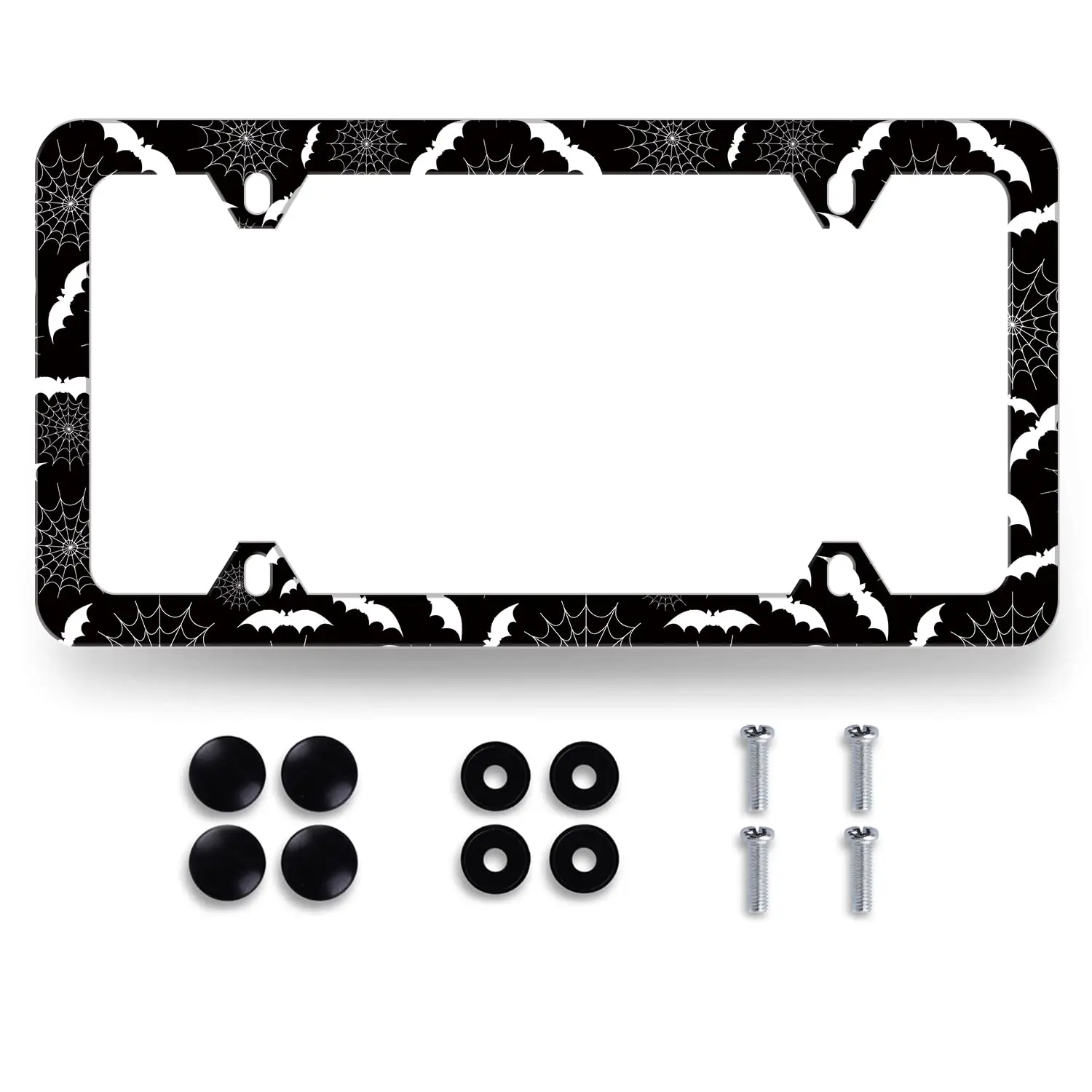 

Halloween-Themed Stainless Steel License Plate Frame With Spiderwebs And Bats, Includes Screws And Caps, 12.3 X 6.3 Inches