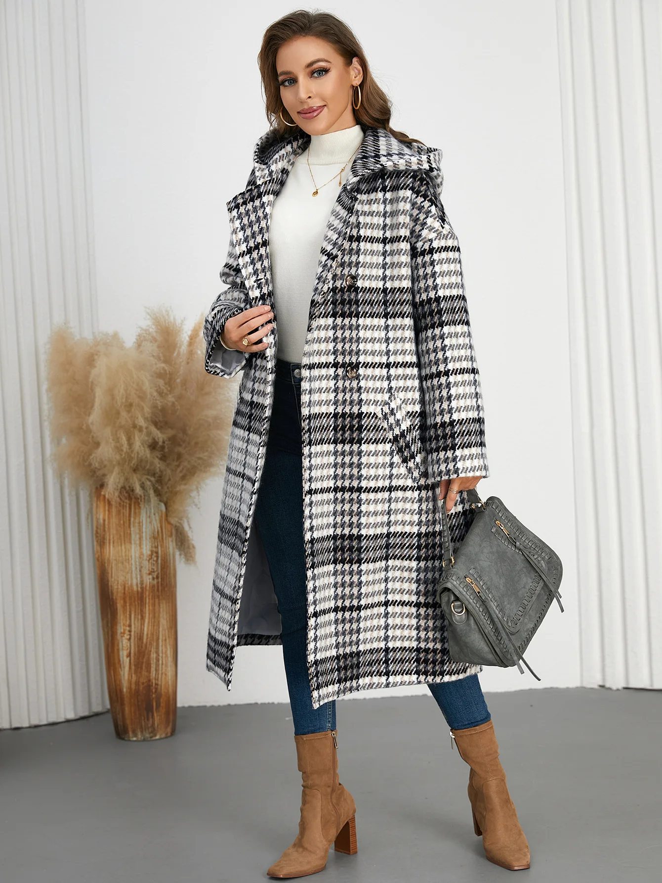 

Women's Clothing Winter Lapel Hooded Plaid Long Coat Double-breasted Woolen Coat Fashion Casual Office Lady Coat Tops Jackets