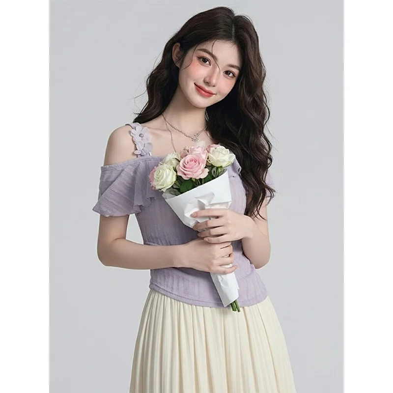 French Style Short Sleeve T-Shirt Women's Slim Fit Shoulder Bared Asymmetrical Neckline Summer Top High Waist Plant Floral Pa...