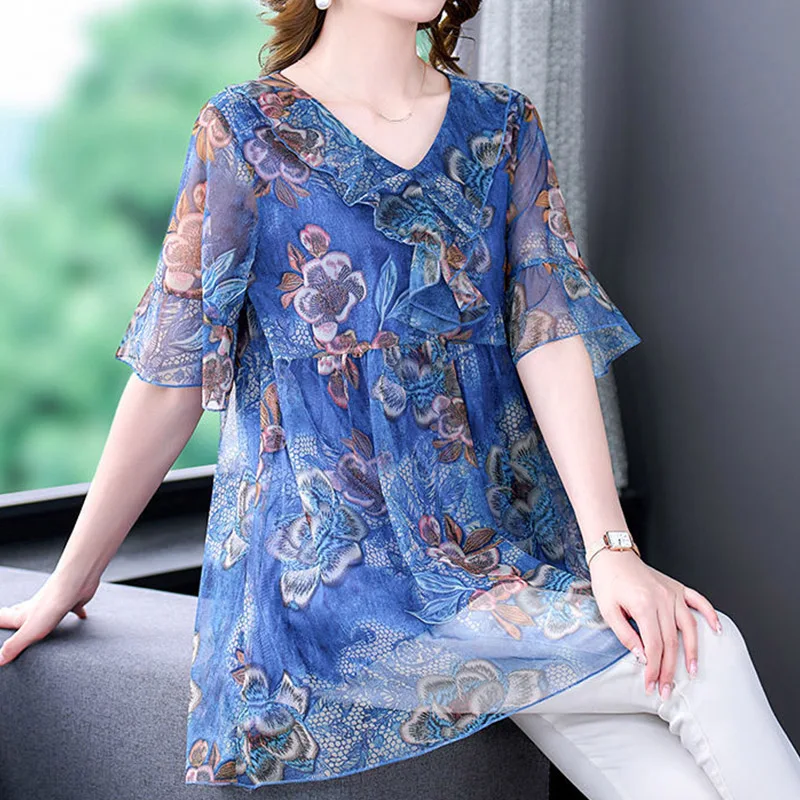 Vintage Casual Floral Printing Ruffles Gauze Shirt Summer 2023 V-Neck Short Sleeve Loose Pullover Oversized Tops Ladies Clothing