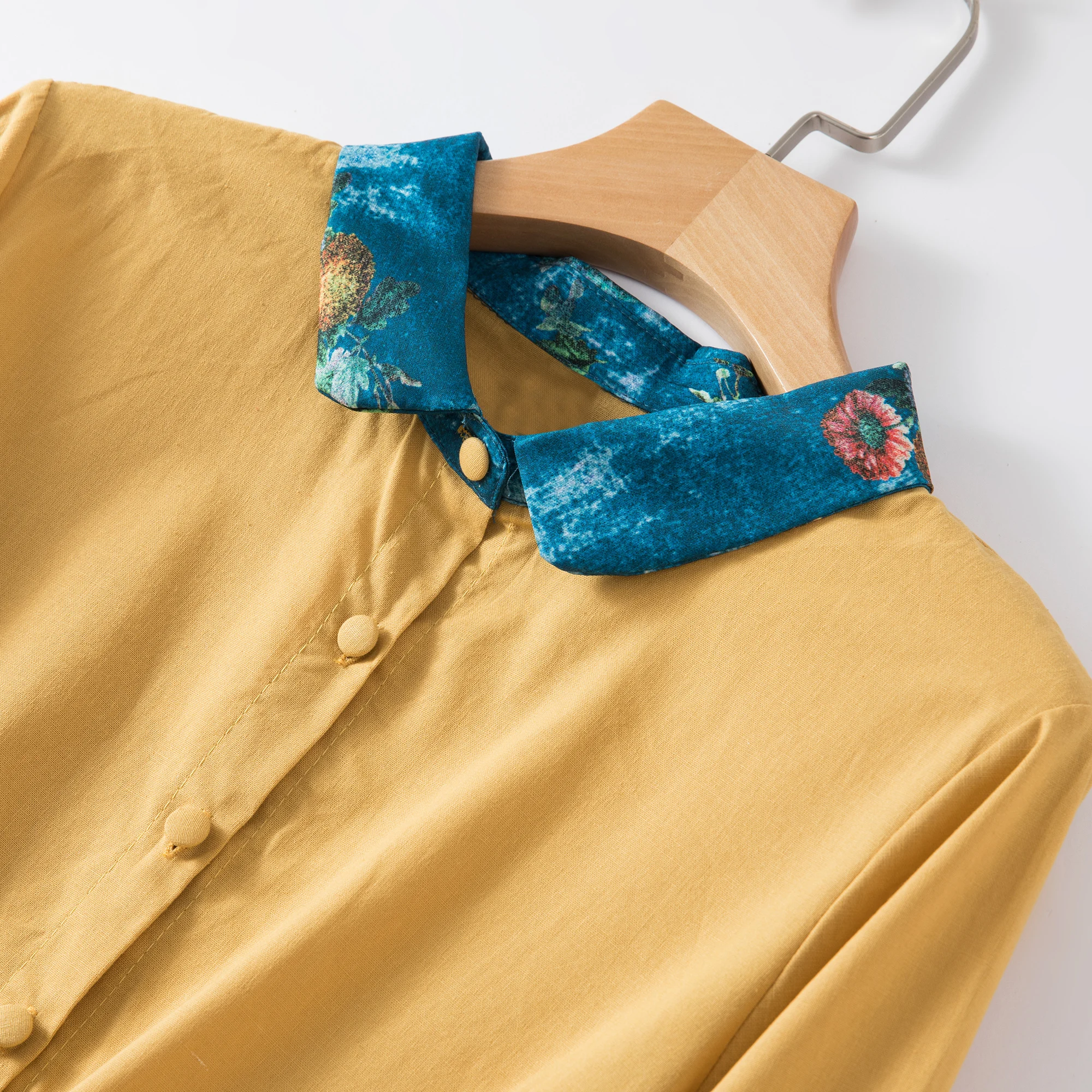 Ele القطن الكتان الدكتور المرأة ربيع الخريف المطبوعة الخصر حزام Cinched طويل الدكتور طوق ألف خط تنورة تسع نقاط S...