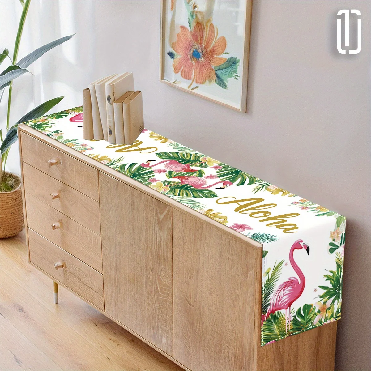 A decorative tablecloth for the living room dining table with patterns featuring flamingos and tropical plants