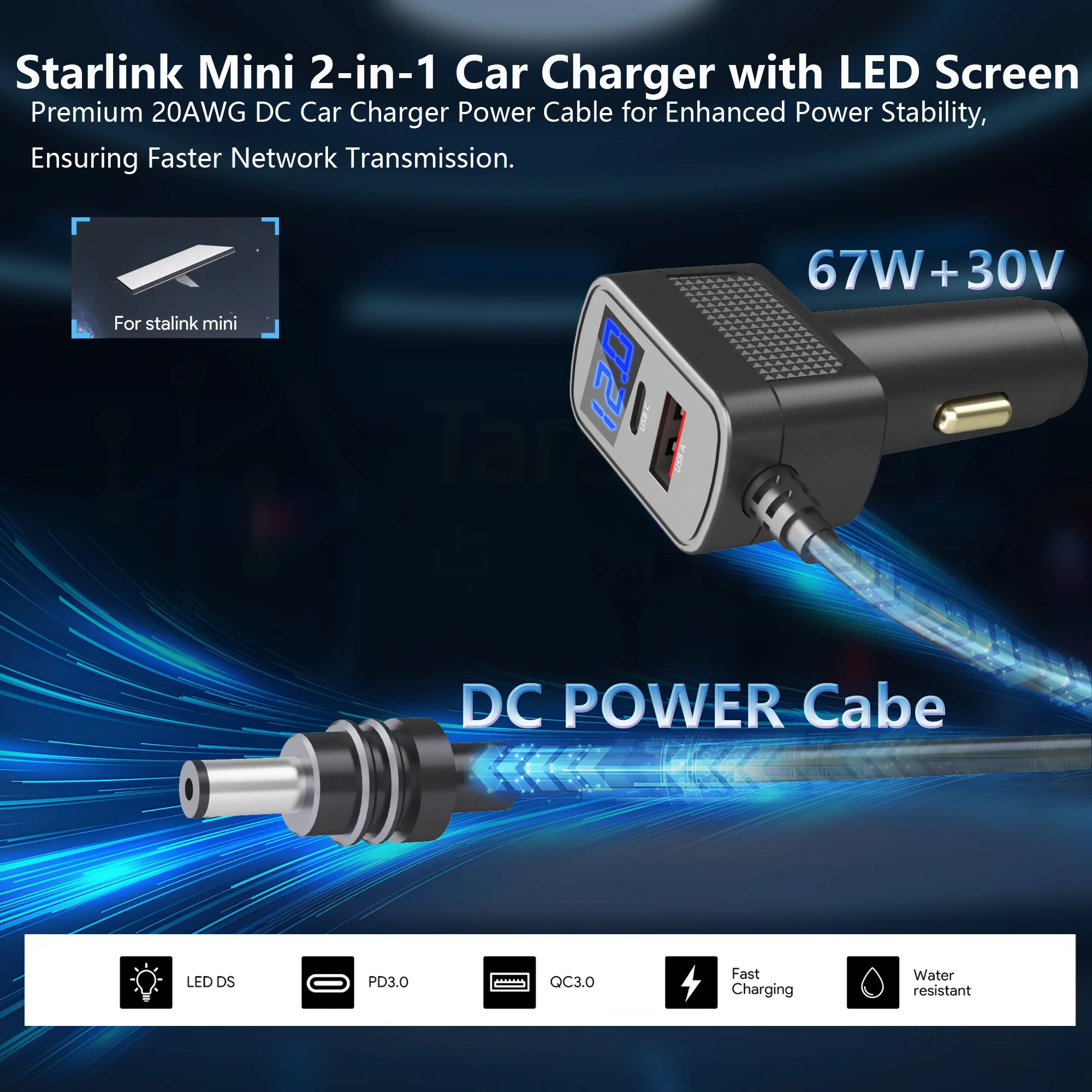 3 in 1 For Starlink Mini DC Power Cable  Fast Charger Type-C USB Socket Cigarette Lighter With LED Voltmeter Digital Display