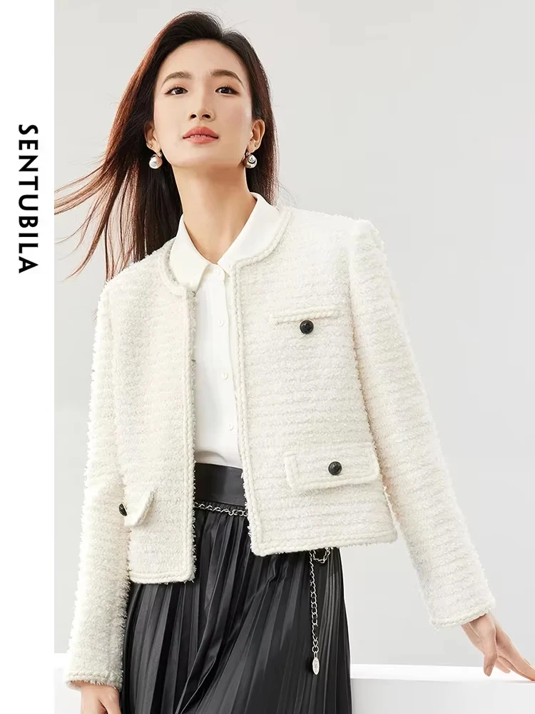 

SENTUBILA Women Cropped Jacket 2025 Spring Elegant Covered Button Long Sleeve Short Coats Female Fashion Outerwear 144W58542X