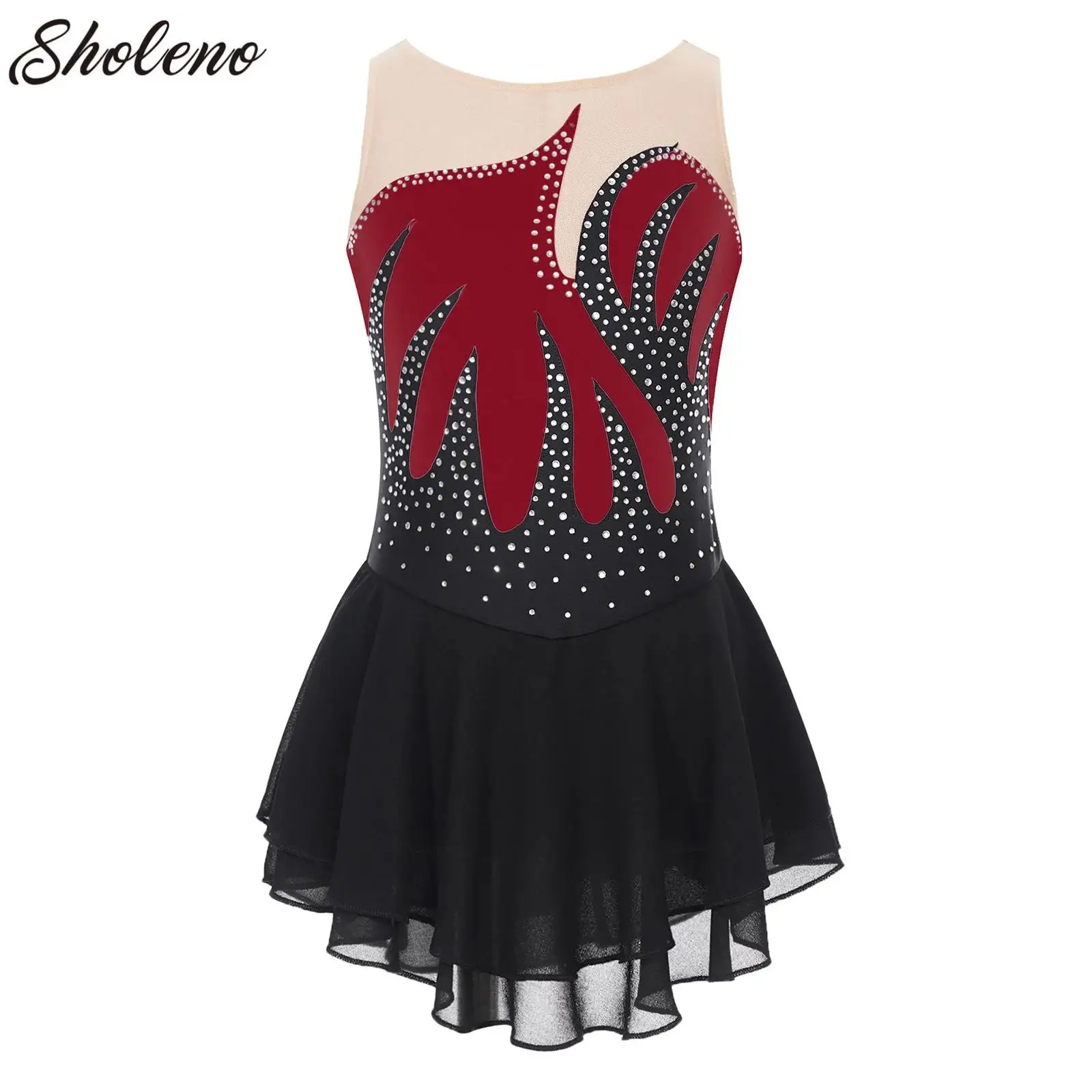

Kids Girls Ruffle Figure Skating Dance Dress Gymnastics Ballet Leotards Dress Sleeveless Shiny Rhinestone Lyrical Stage Costume