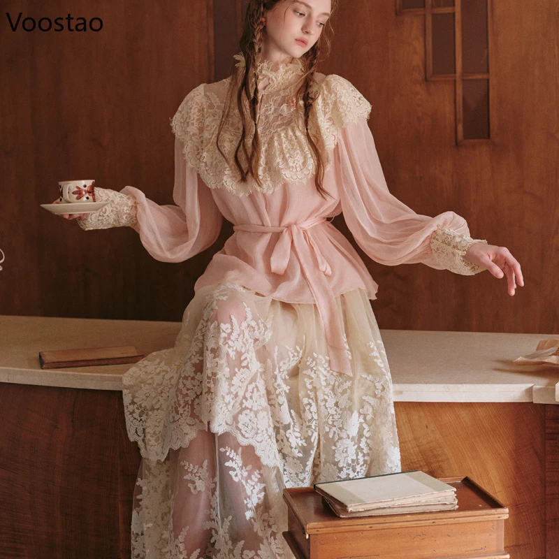 

Элегантный сладкий комплект из 2 предметов во французском стиле, женская винтажная кружевная лоскутная блузка с длинными рукавами, топ, сетчатая юбка, костюм, женская одежда в стиле Лолиты