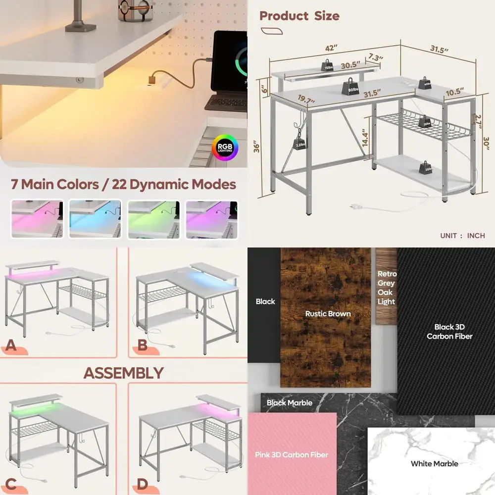 

42 LED-lit Ergonomic Gaming Desk with Charging Port & Storage, Compact L-Shaped Desk with Hooks, White Carbon Fiber