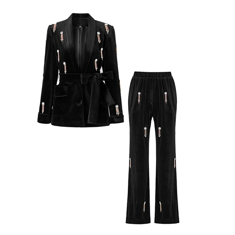 HKSH ربيع الخريف جديد المرأة قطعتين مجموعة المخملية مطرز حزام السترة مرونة الخصر بنطال ذو قصة أرجل واسعة الاتجاه الأنيق دعوى HK14479