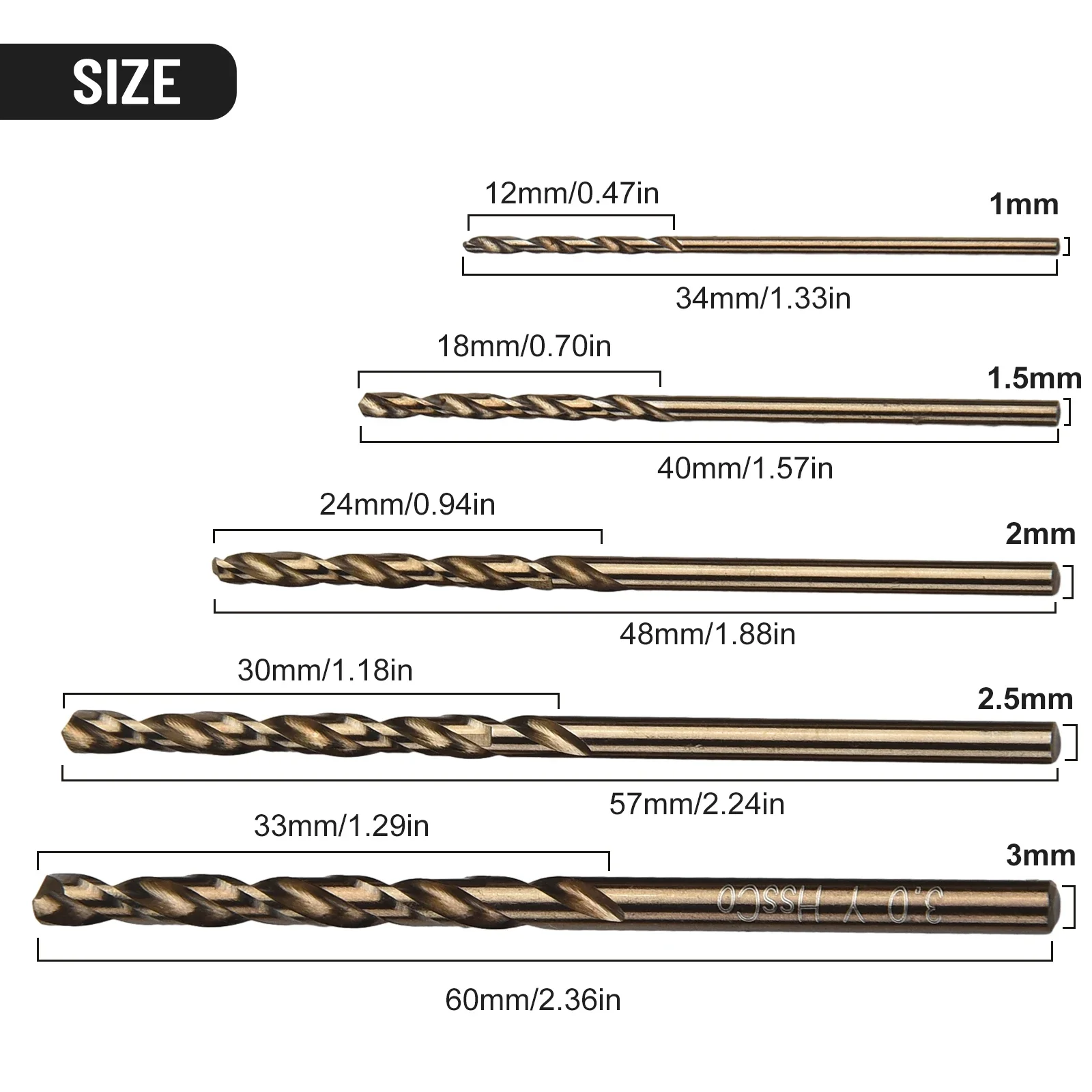 

5pcs HSS-Co M35 Straight Shank Drill Bits Hole Cutter Power Tool For Metal Stainless Steel Drilling 1/1.5/ 2/2.5/3mm Drill Bits