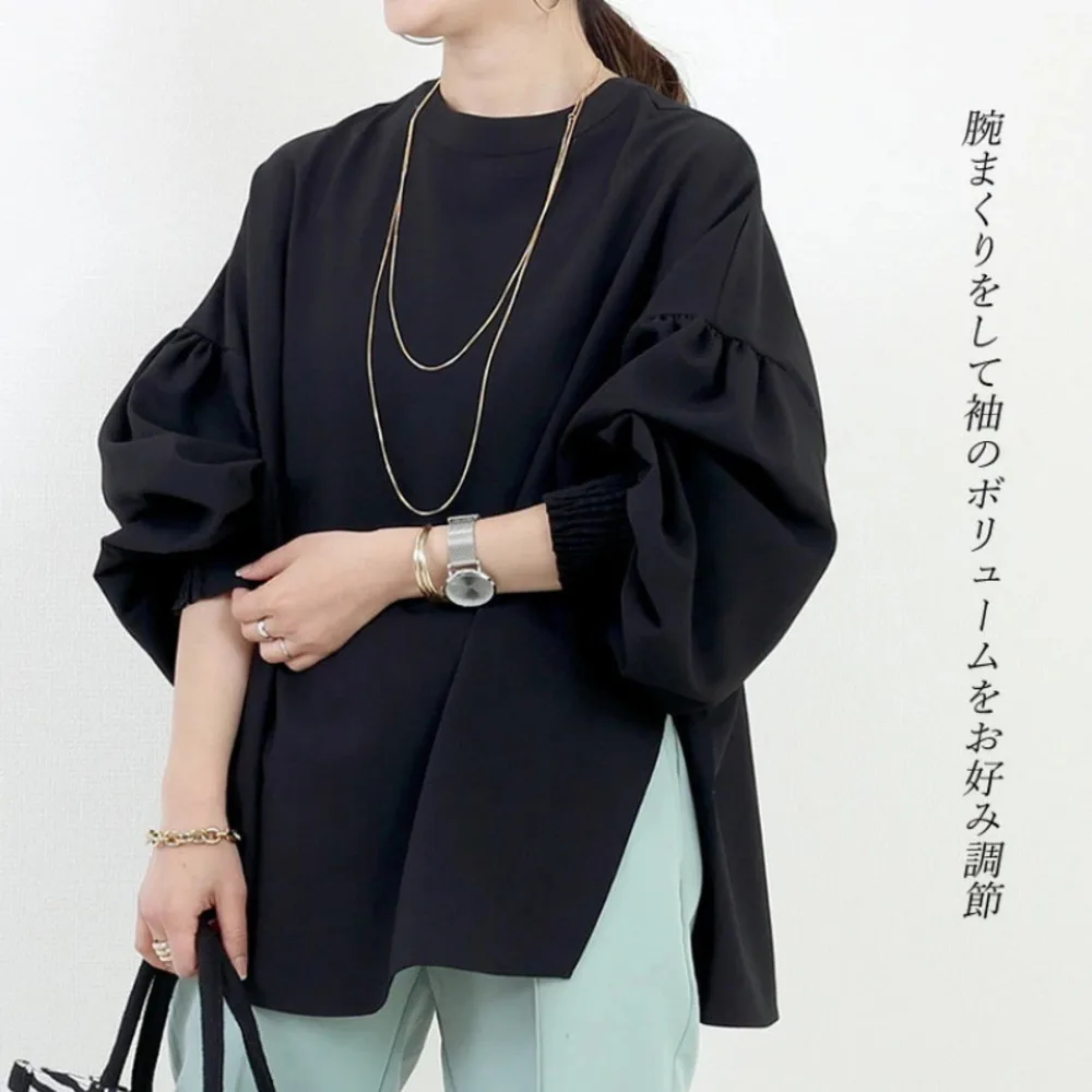 

Women's Shirt 2024 Summer Japanese Korean Style Round Neck Top Long sleeved Split Shirt Women