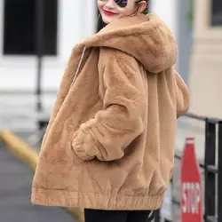 Casaco feminino elegante, jaqueta quente de pelúcia com capuz e fecho de zíper macio, ajuste solto, casaco à prova de vento de inverno para outono longo