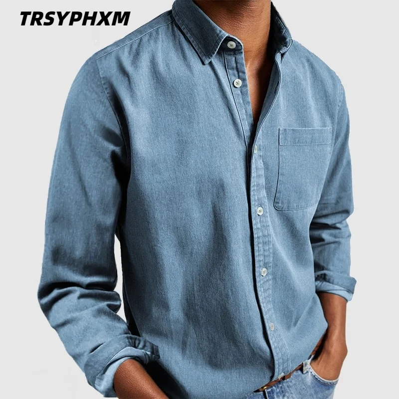 TRSYPHXM 2025 nueva camisa de hombre nueva camisa de material de poliéster de solapa de manga larga para hombre