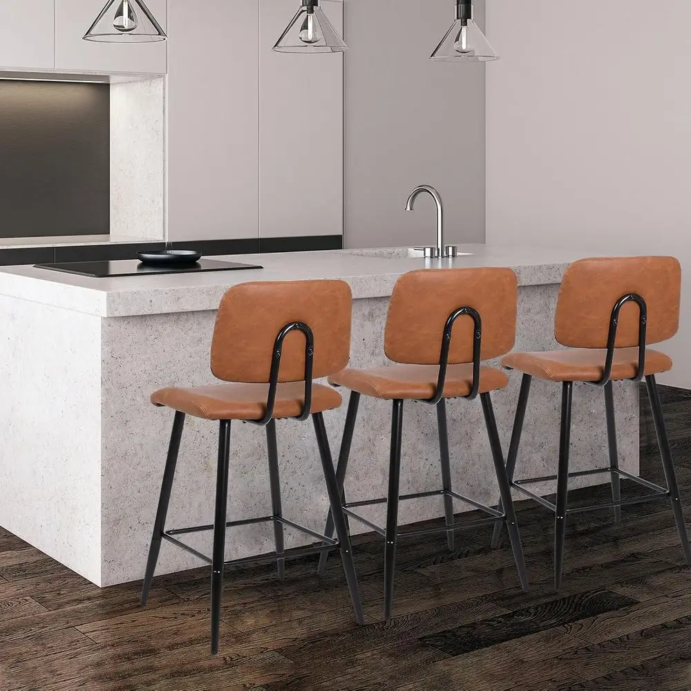 

Counter Height Bar Stools Set of 3, 26 Inch Modern Faux Leather Kitchen Island Chairs with Back and Metal Leg, Upholstered BarSt