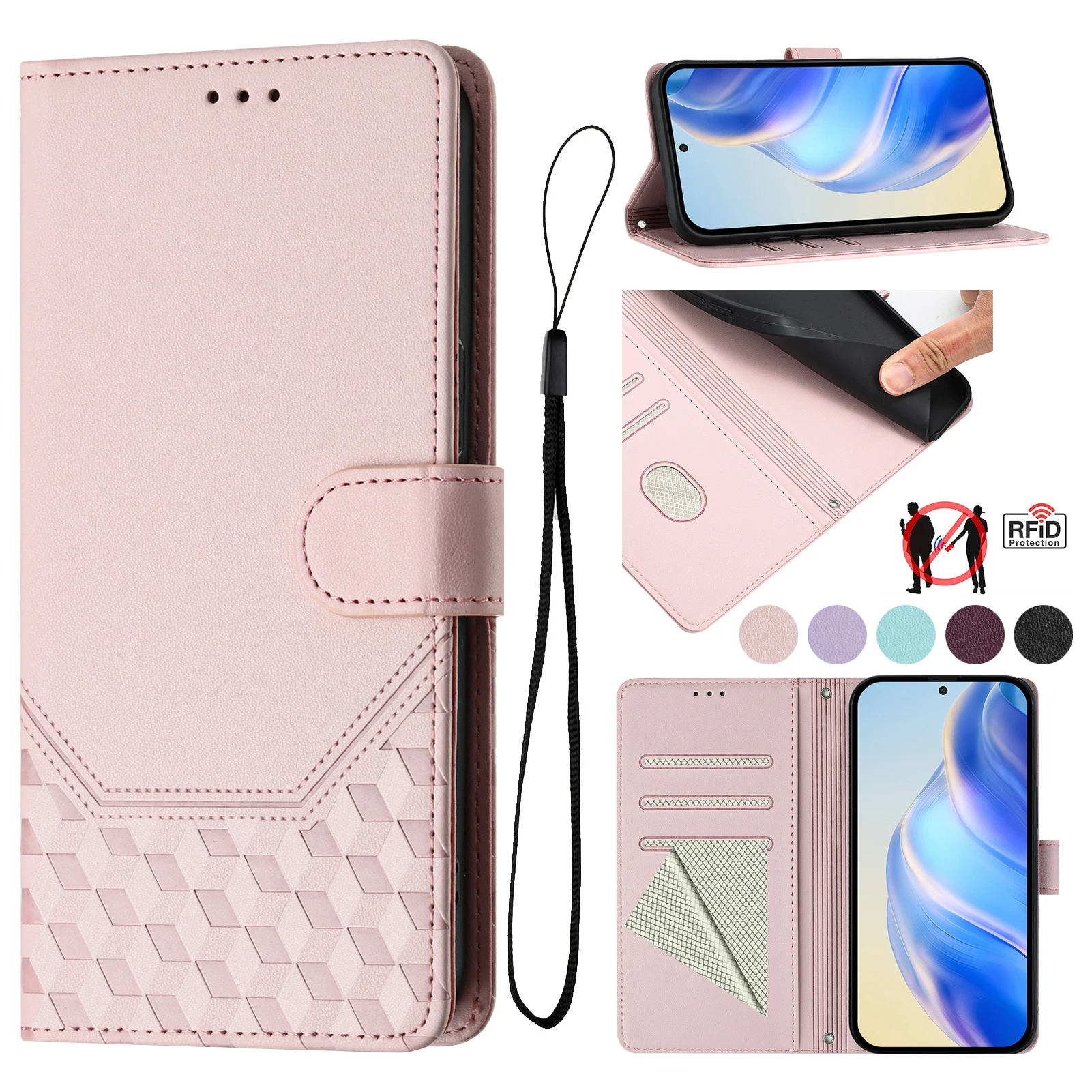 

Кошелек с тиснением в виде сот и слотом для карт, RFID-блокировка, магнитный флип-кожаный чехол для Samsung Galaxy S25 Ultra S24 FE S23 Plus