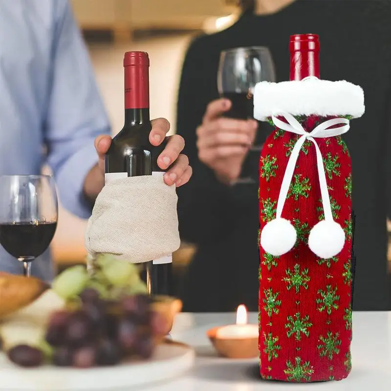 Christmas Wine Bottle Decoration Red White And Green Knitted Wine Bottle Bag Christmas Home Decorations Table Centerpiece Wine