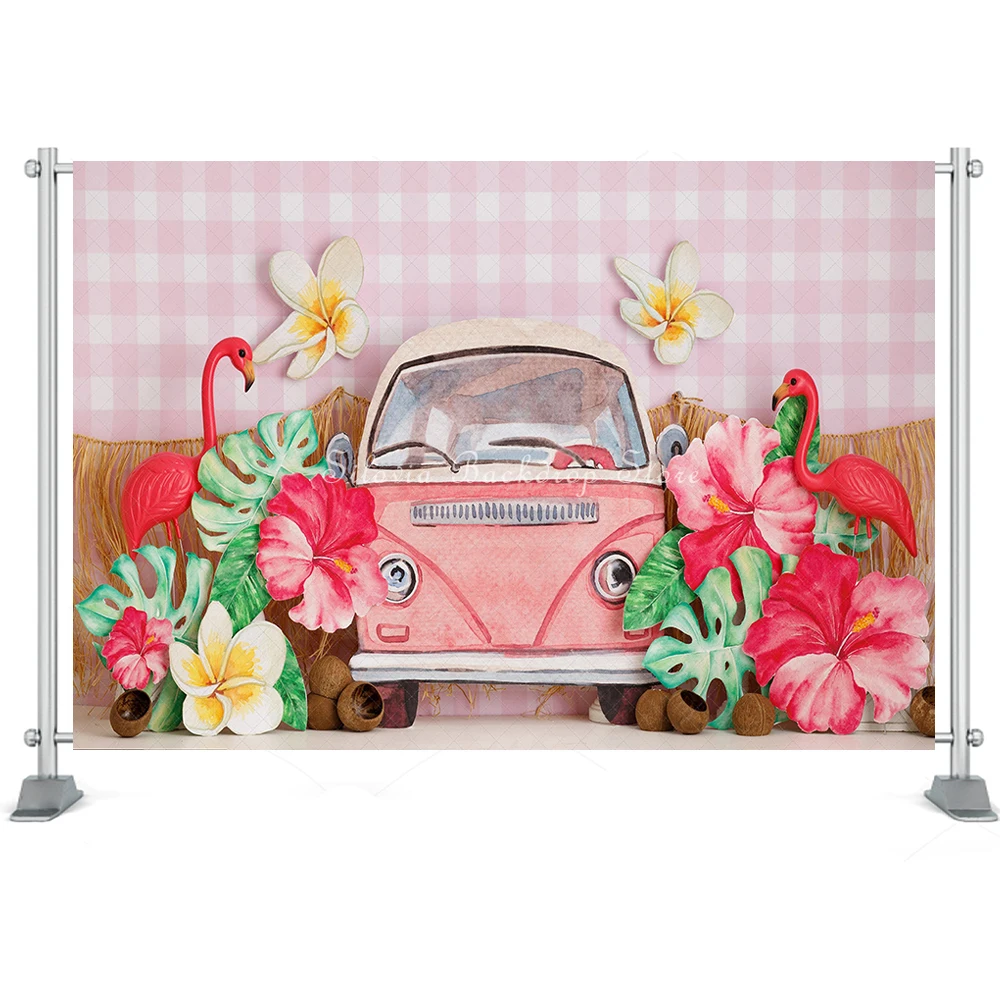Fond de photo d'été flamant rose rouge pour enfants, toile de fond de photographie Smash, accessoires de studio photo, fleur tropicale, insecte, gâteau d'anniversaire