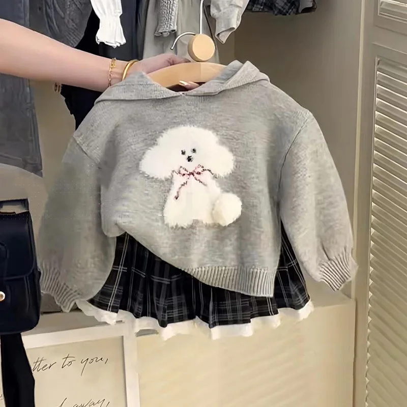 

01-2025Spring and Autumn New Children's Girls' Cute Puppy Print Hooded Knitted Sweater Top and Pleated Skirt Two-Piece Set