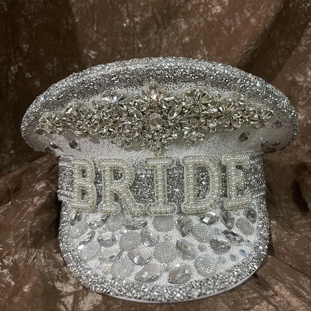 Women Bridal Hat For Queen Bride Military Hat Luxury Rhinestone Sergeant Captain Octagonal Birthday Bachelorette Hen Do Party view 4