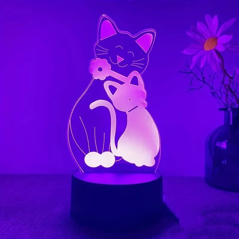 Lampu malam kucing 3D isi 1 buah, lampu ilusi optik 3D dengan sentuhan, lampu sekitar 7 warna berubah untuk kamar tidur