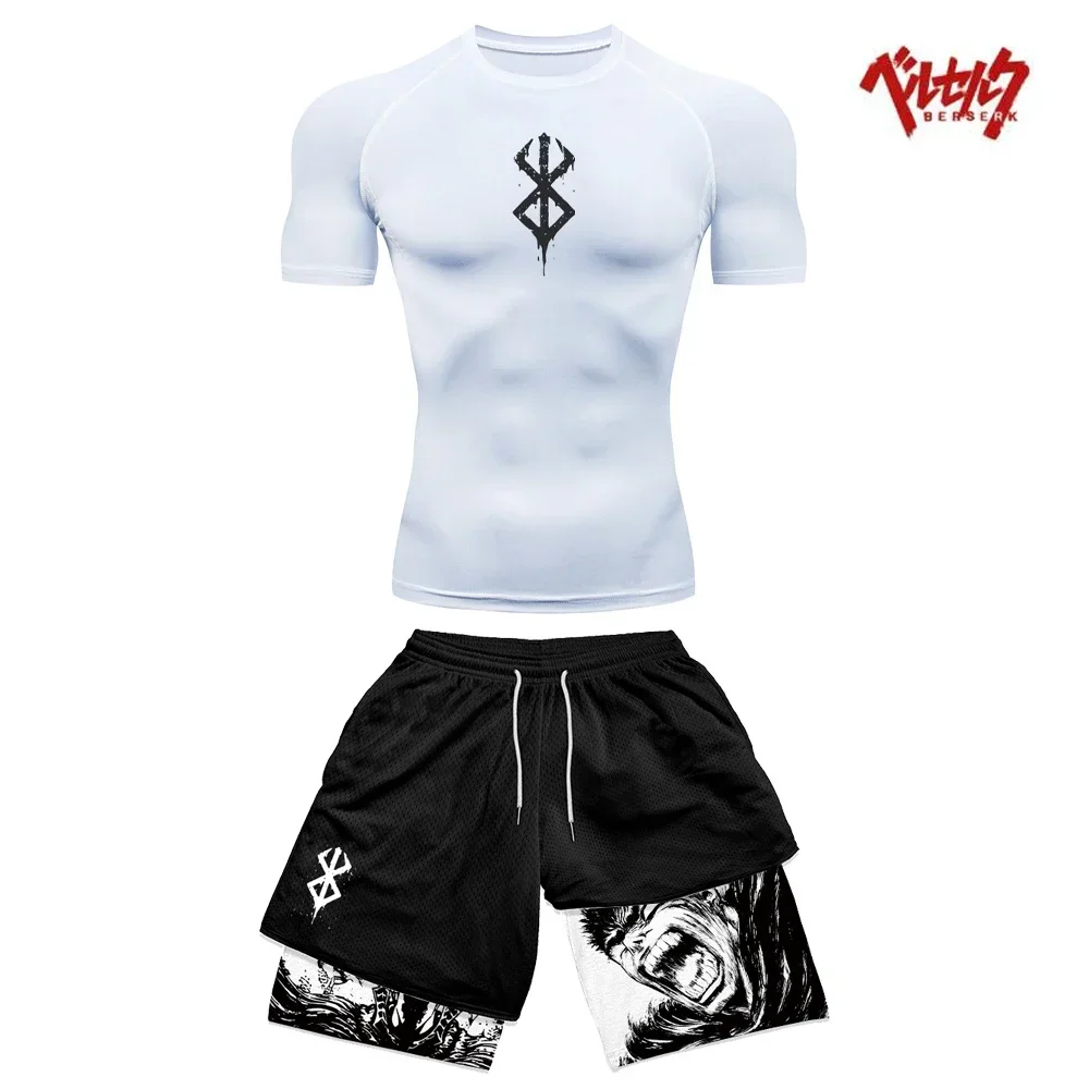 Anime Berserk Kompressionsset Fitnessanzug für Herren, schnell trocknendes Kompressionsshirt + Fitnessstudio-Shorts, Lauftraining, Sommersportbekleidung