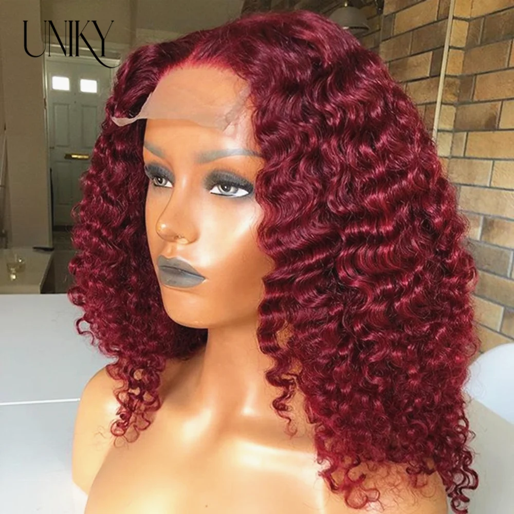 Perruque Bob Lace Closure Wig Brésilienne Naturelle, Cheveux Courts Bouclés, Bordeaux 99J, HD, 250 de Densité