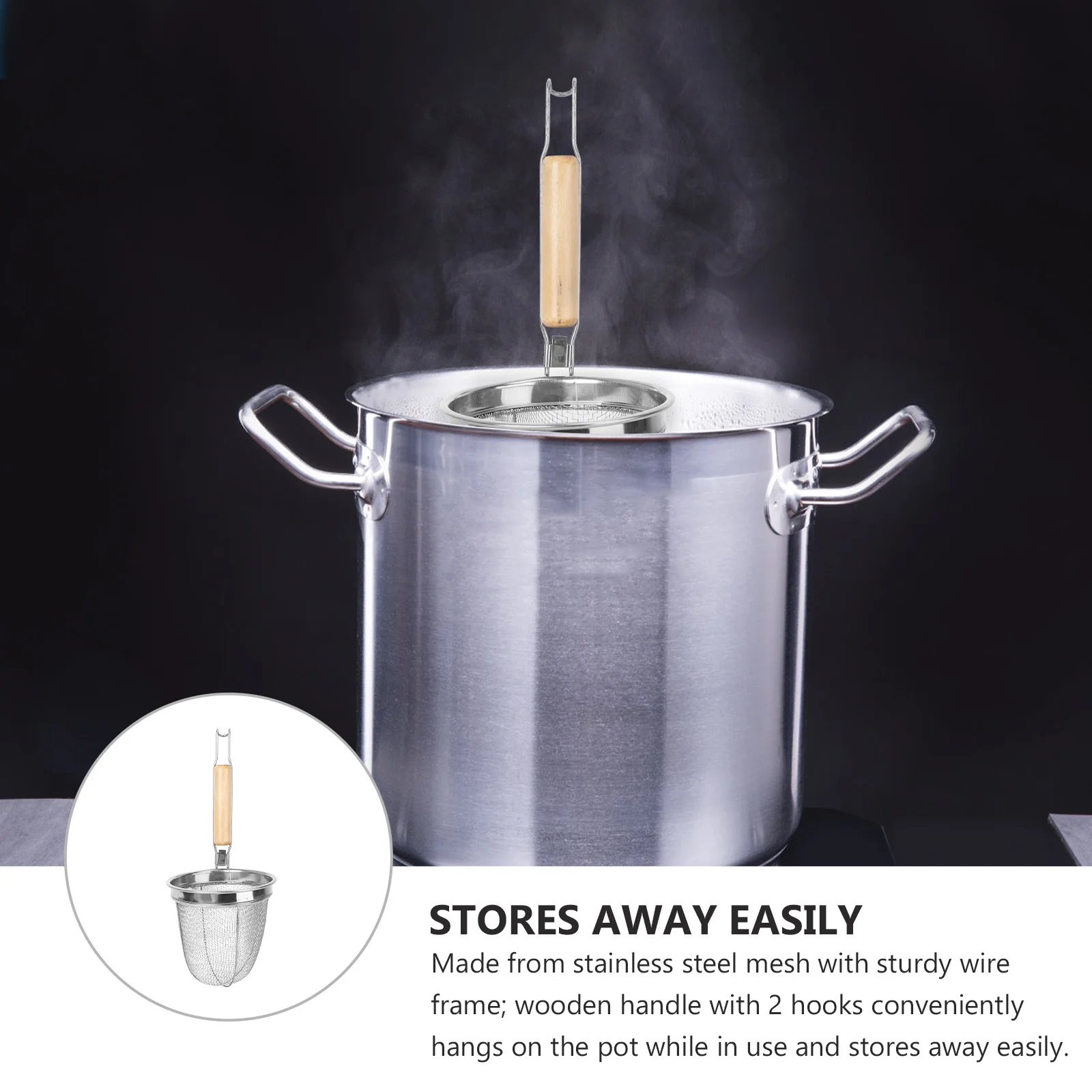 

Kitchen Stainless Steel Mesh Strainer with Wooden Handle Dual Hooks Deep Basket for Scooping Draining Noodles Dumplings Pasta