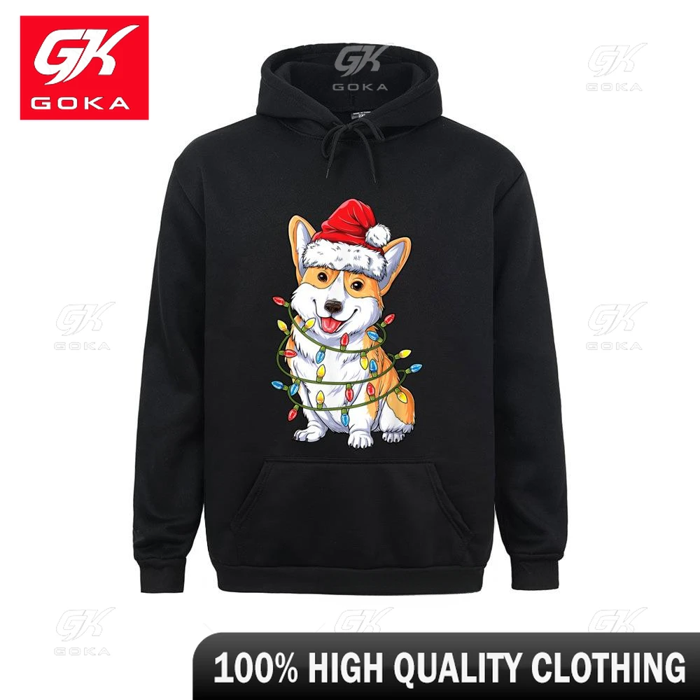 Corgi Santa Noel Ağacı Işıkları Noel Hediyeleri Erkek Çocuk Erkek Kazak Komik Yüksek Sokak Tişörtü Erkekler Kapüşonlular Severler Günü Giysileri