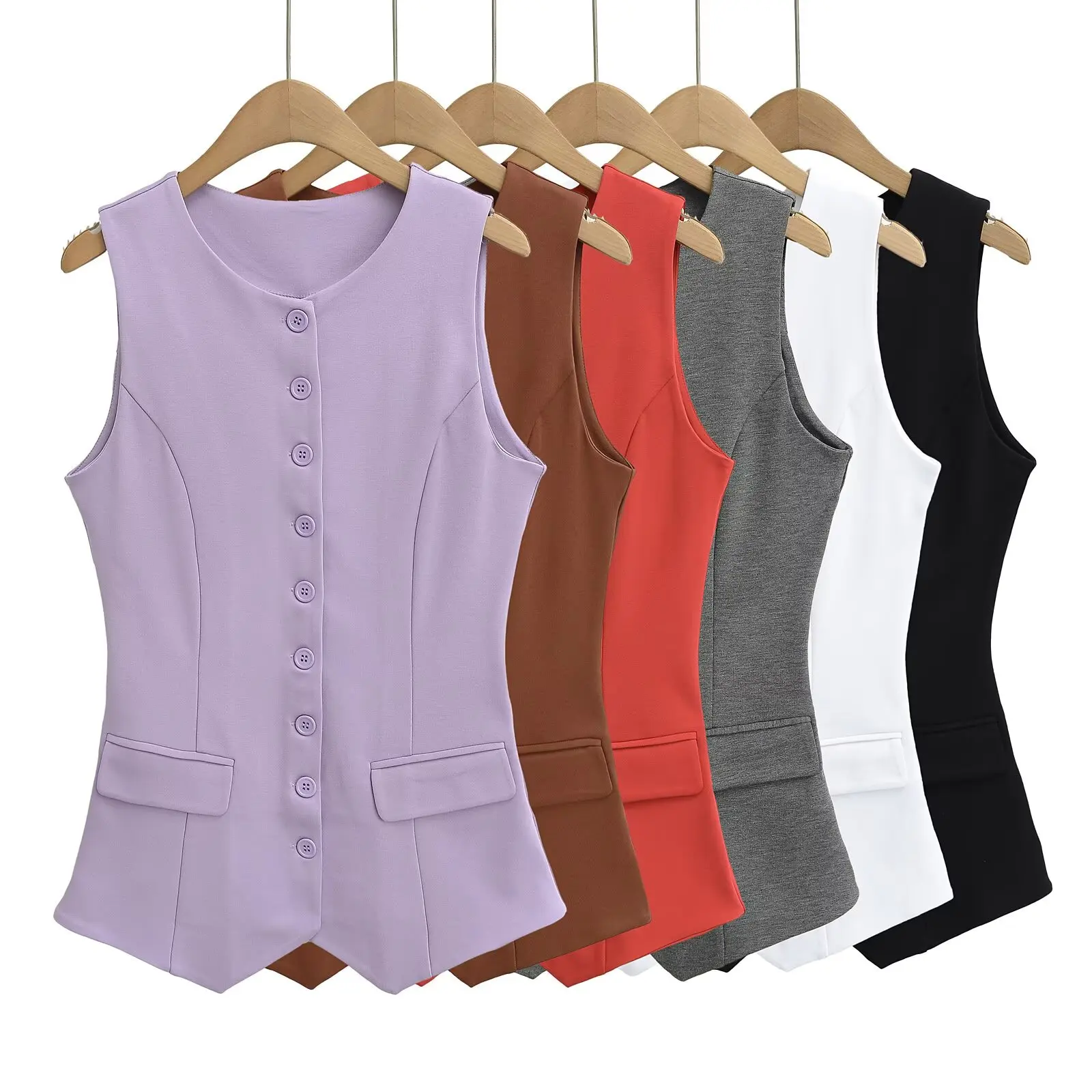 

Ретро-жилет с множеством пуговиц и карманов, весенне-летний, приталенный, с круглым вырезом, с дизайнерским акцентом на талии и дугообразным декором.