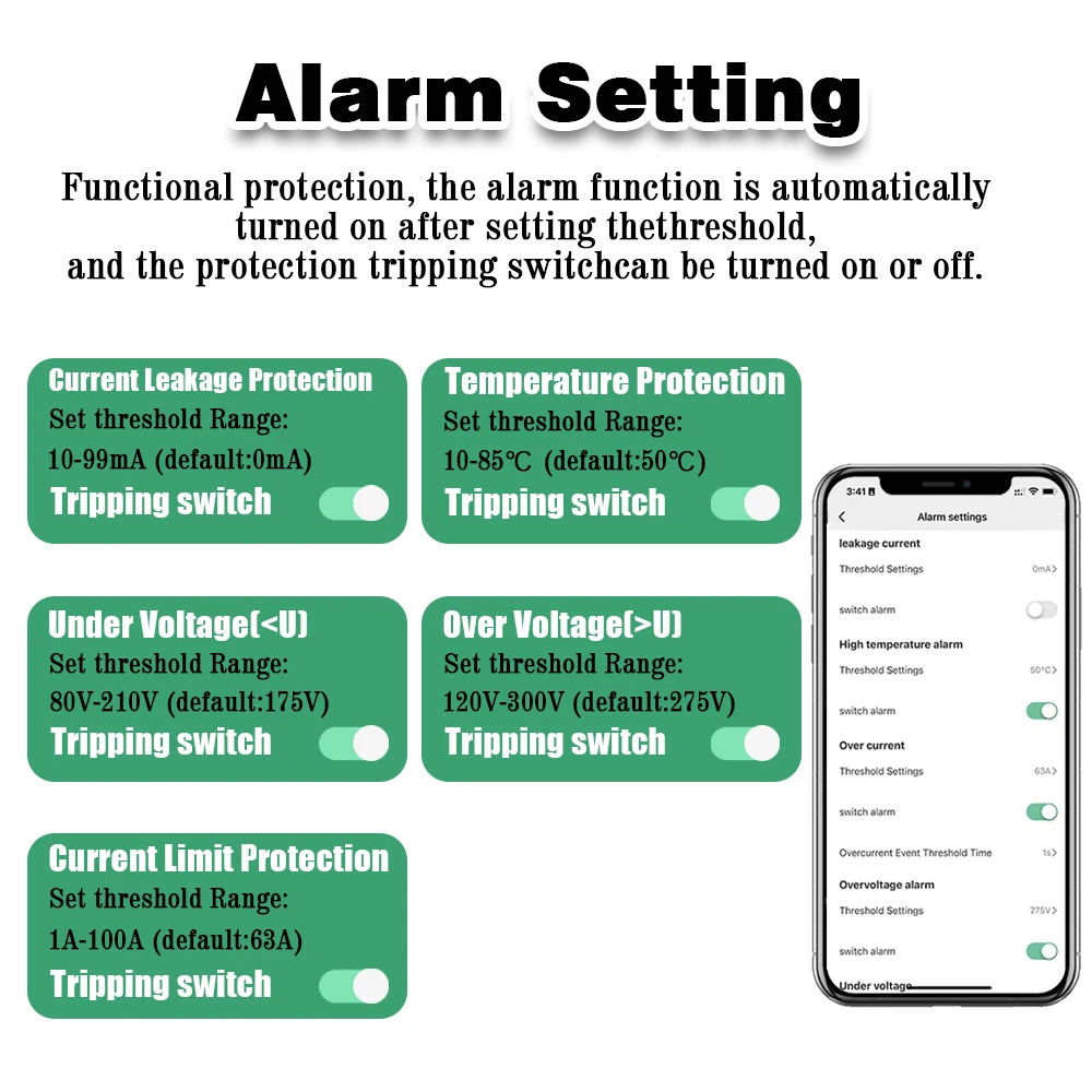 2P 63A TUYA APP WiFi Smart Circuit Earth Leakage Over Under Voltage Protector Relay Device Switch Breaker Energy Power kWh Meter