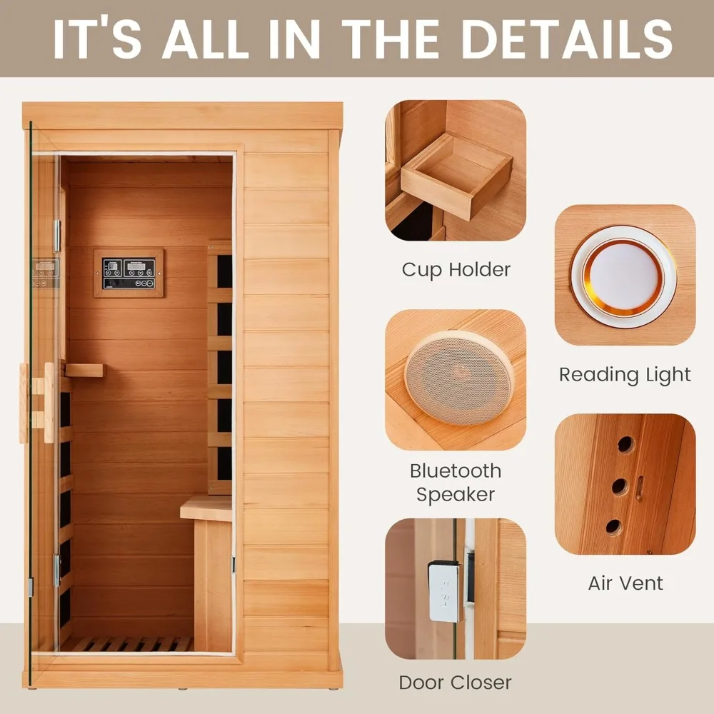 Sauna inframerah 1 orang, Sauna inframerah spektrum penuh untuk rumah, Sauna kering dalam ruangan dengan 4 panel pemanas, Hemlock Kanada