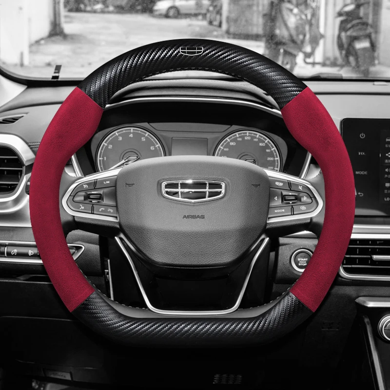 Suede Carbon Fiber Car Steering Wheel Cover, Anti-Slip, Genuine Leather, for GEELY coolray emgrand monjaro tugella Okavango