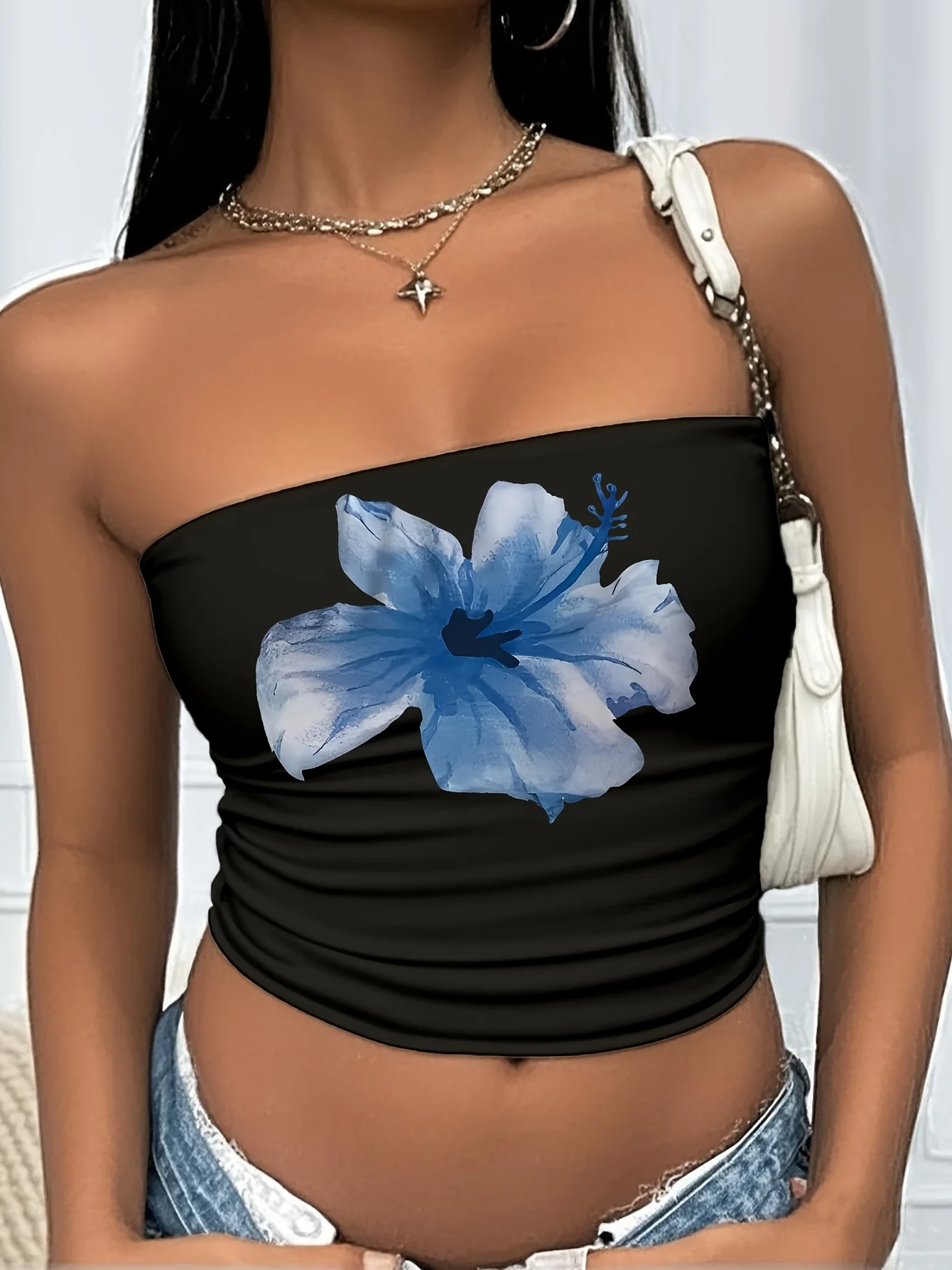 Funny Floral Print Design Women's Casual Simple Tight Short Tube Top Strapless Top Y2k Gothic Crop Top Streetwear Summer