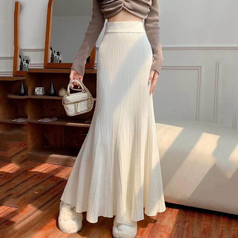 Sexy Hip-Wrapped Knitting Long Skirt for Women Elegant Elastic High Waist Mermaid Skirts Woman Pleated A Line Midi Skirt Ladies