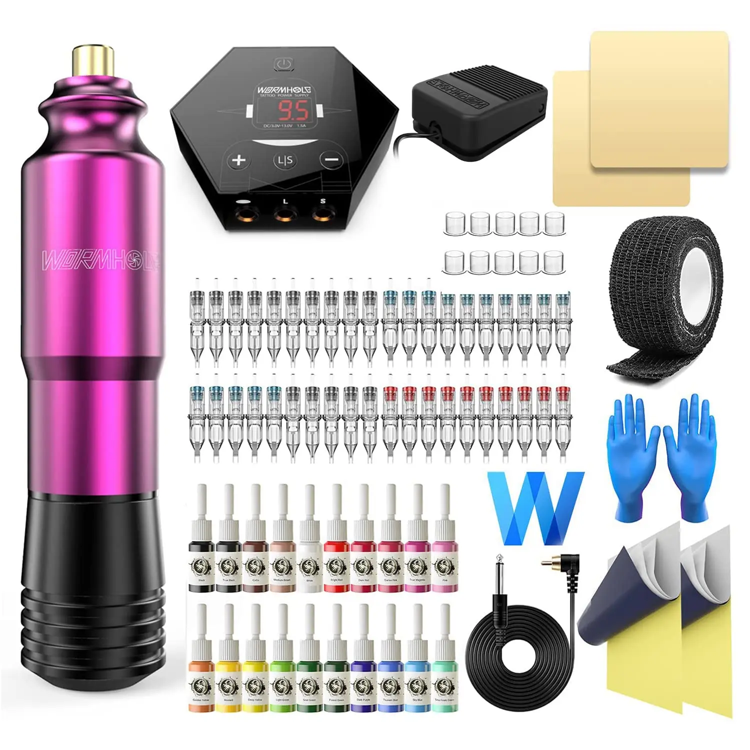 

Professional Rotary Tattoo Machine Kit with 40 Cartridge Needles, 20 Inks, Power Supply for Beginners and Artists