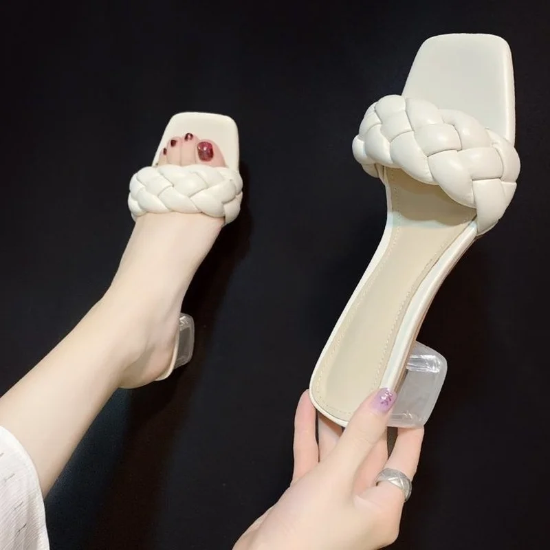 2022 Plus Size Summer Slipper Women Twist Woven Slippers Women's Thick Heel Crystal Heel Fashion High Heels Sexy Woman Shoes