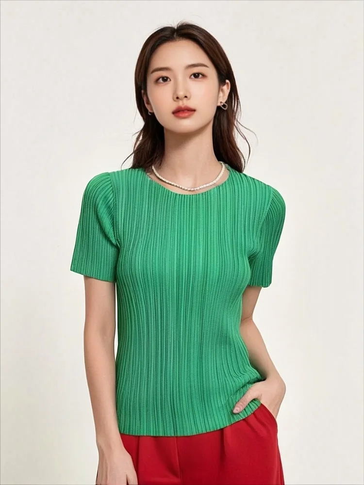 

Miyake Pleated Short Sleeved Women's 2025 Spring and Summer New Thin Elastic Round Neck Versatile Slim Pleated Hollow T-shirt