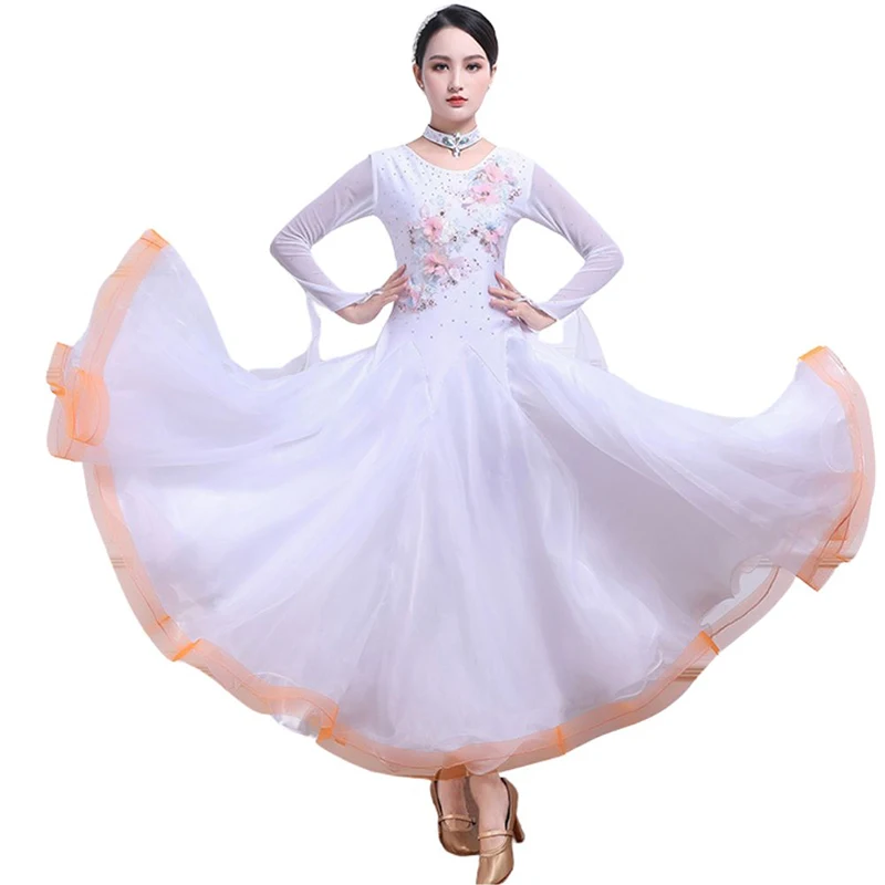 Standard Dance Dress Competition Strap Ladies Banquet Dress Long Sleeve Rhinestone Large Skirt Decal Flamenco Skirt White