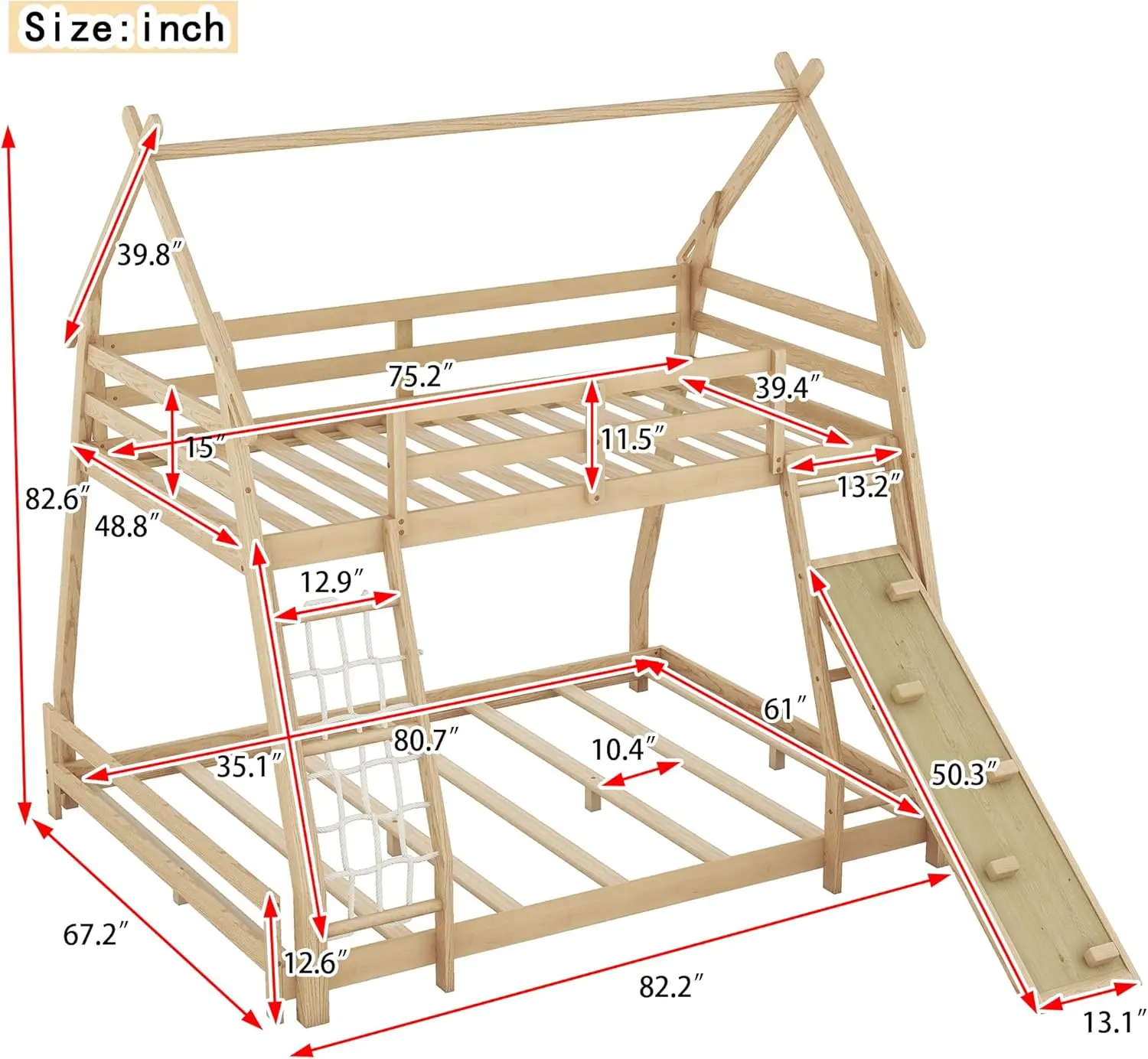 Low Bunk Bed for Kids, Twin Over Queen House Bunk Bed with Climbing Nets and Climbing Ramp, Natural