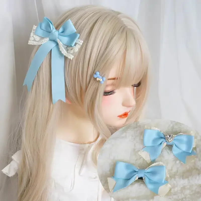 Lolita Blue Bow Headwear Handcrafted How Clip Sweet Anime Kawaii Soft Girl Hair Accessories Christmas Gift