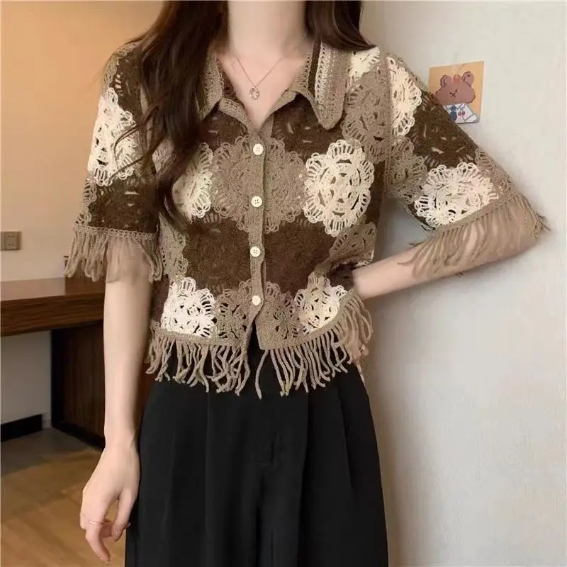 2024 New Summer Commuting Minimalist Fashion Versatile Knitted Blouses Collar Color Block Button Hollow Tassel Women's Shirt Top