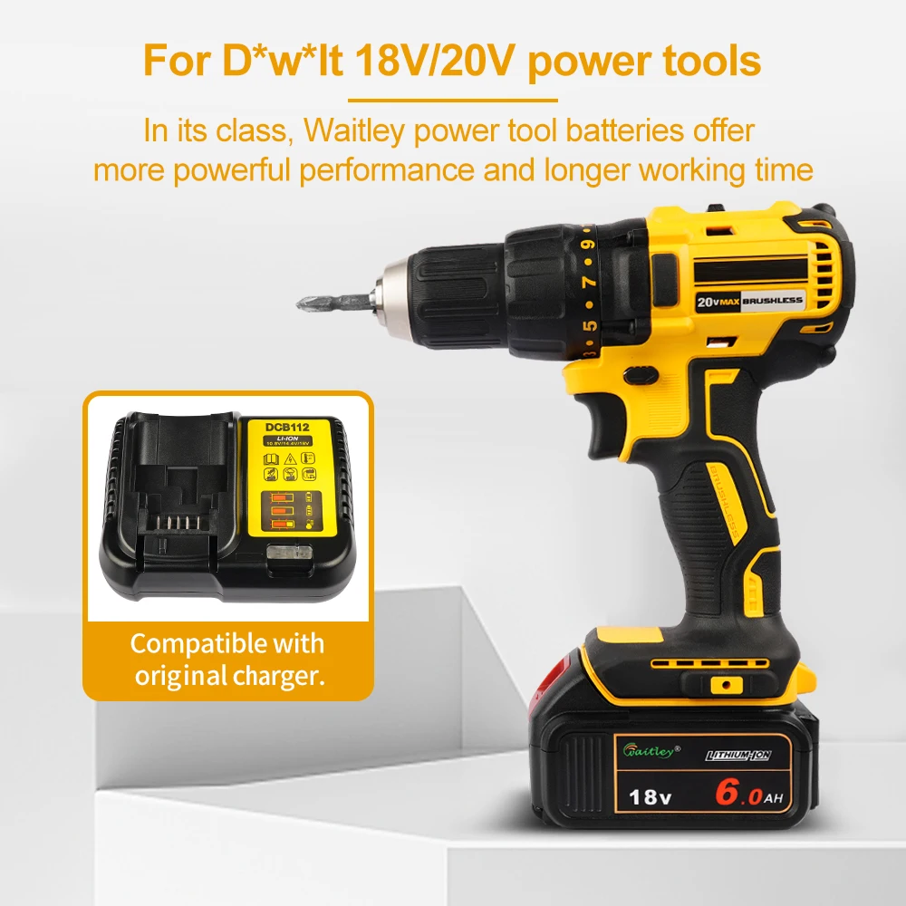 Waitley 6Ah Battery Compatible with DEWALT 18V 20V power Tools DCB184 DCB200 rechargeable accessories Lithium-ion batteries