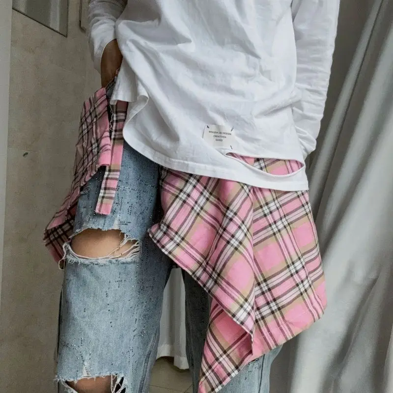 

Plaid Hip Hop Irregular Men and Women Fake Shirt Hem Spring Autumn False Shirt Skirt Half-body Denim Skirts Womens Jupe Saia
